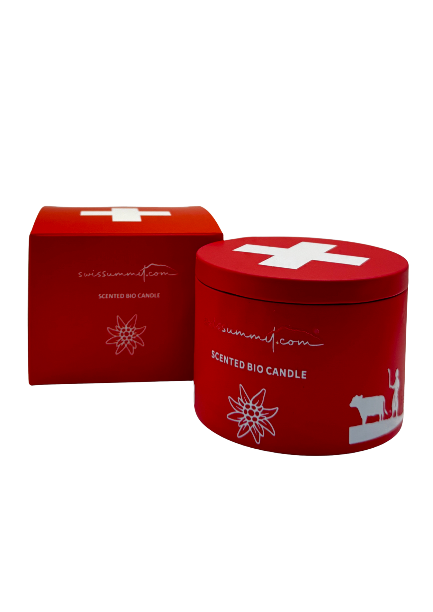 Duftkerze Berggras in roter Dose geschlossen mit Verpackung