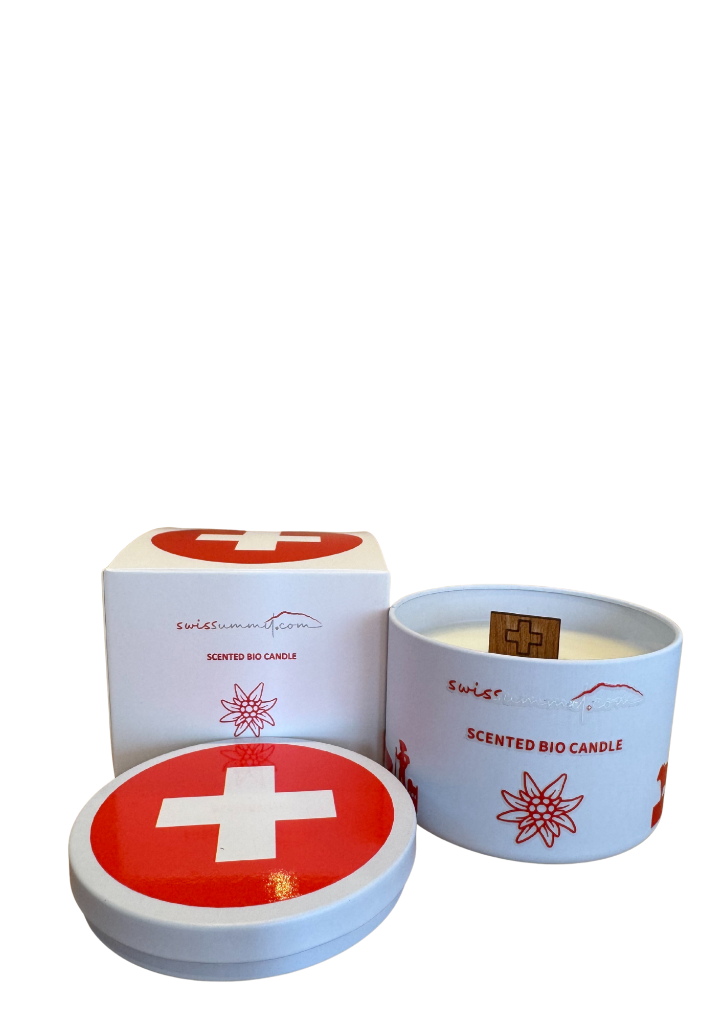 Duftkerze Bergluft in weisser Dose offen mit Verpackung