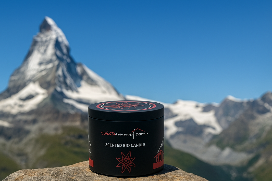 Collage Kerzendose Schwingerkönig schwarze Dose mit Berg im Hintergrund