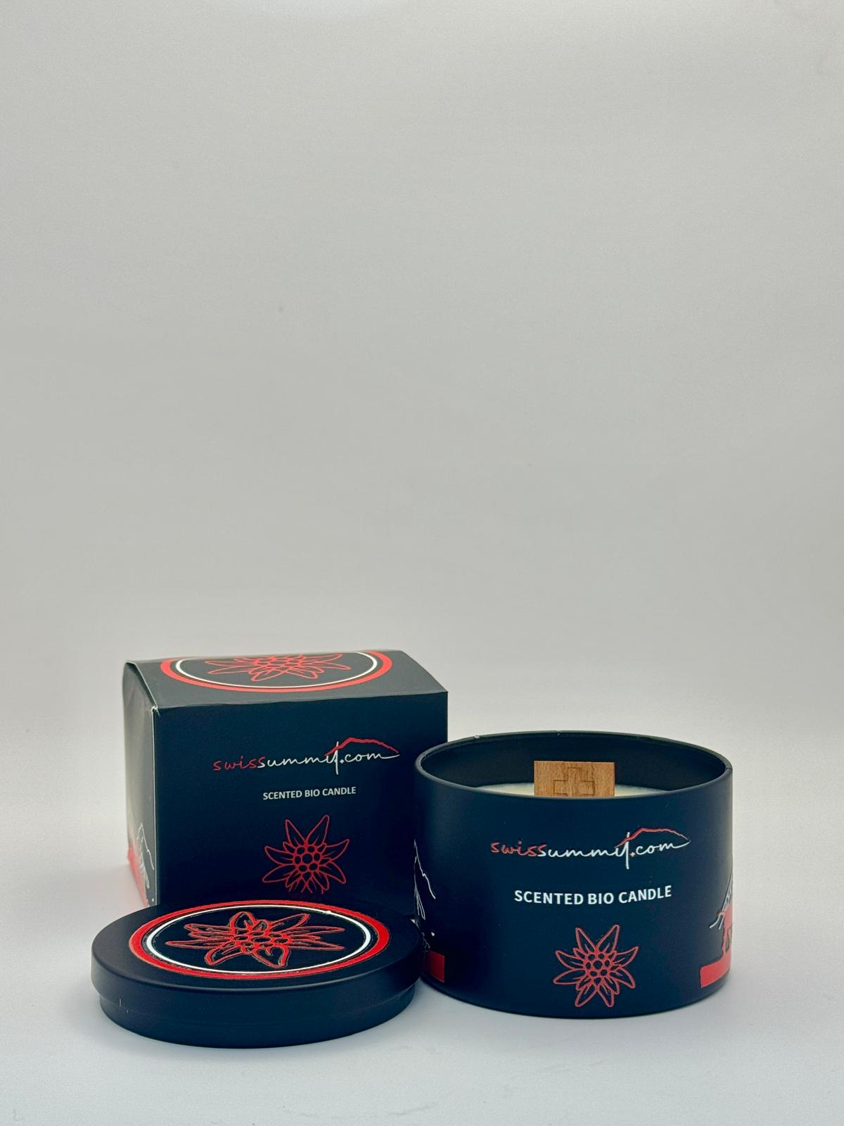 Duftkerze Schwingerkönig in schwarzer Dose offen mit Verpackung